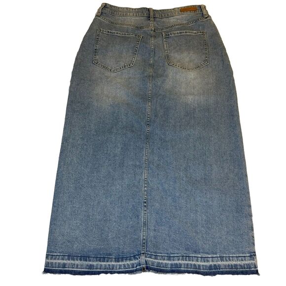 SANCTUARY Light Blue High Rise Front Slit Midi Denim Jean Skirt Raw Hem Size 28 - Picture 2 of 12